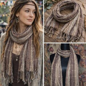Bohemian Textured Fringe Scarf | Earth Tones Stripe Mantellic Thread Wrap